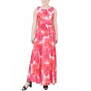 NY COLLECTION Petite Sleeveless Belted Chiffon Pink Floral Maxi Dress NWT